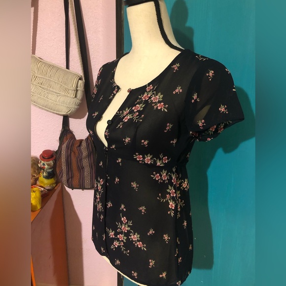 Y2K Robbie Bee Navy Blue with Pink Floral Teddy Blouse - Picture 10 of 11